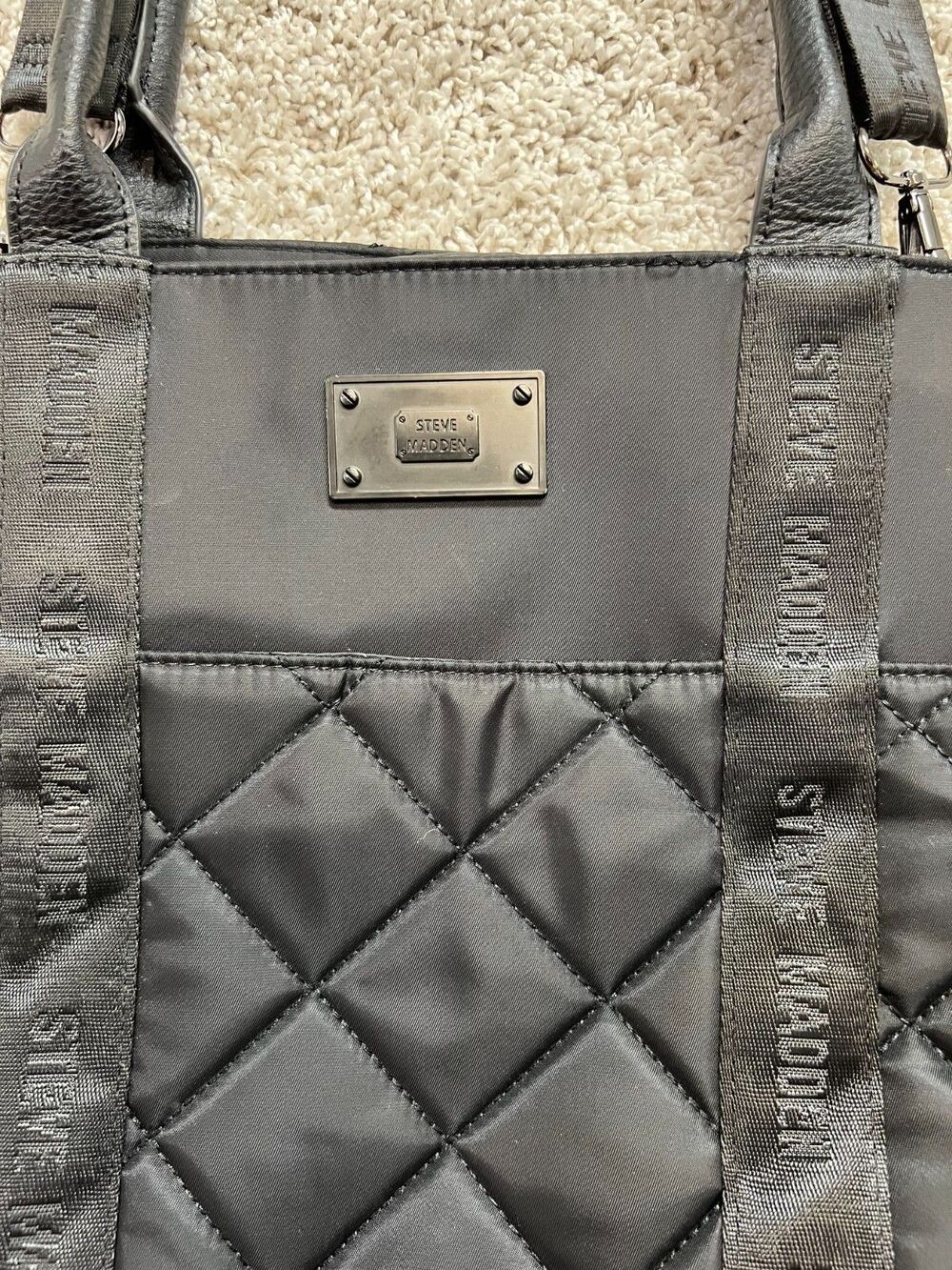 “Steve Madden Black Quilted Duffle Bag Shoulder Handbag Travel Gym Tote” - Picture 2 of 9